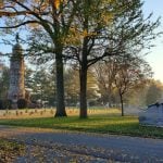 Mature trees and arboretum landscape at Woodside Cemetery
