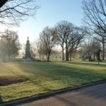 Mature trees and arboretum landscape at Woodside Cemetery